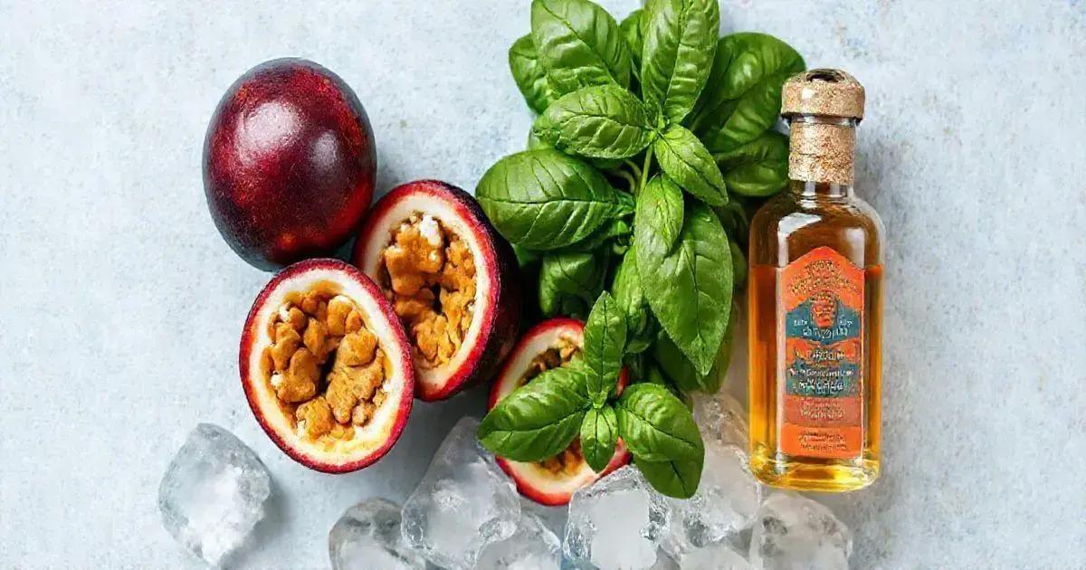 Ingredientes do Pisco Tropical com Maracujá e Manjericão