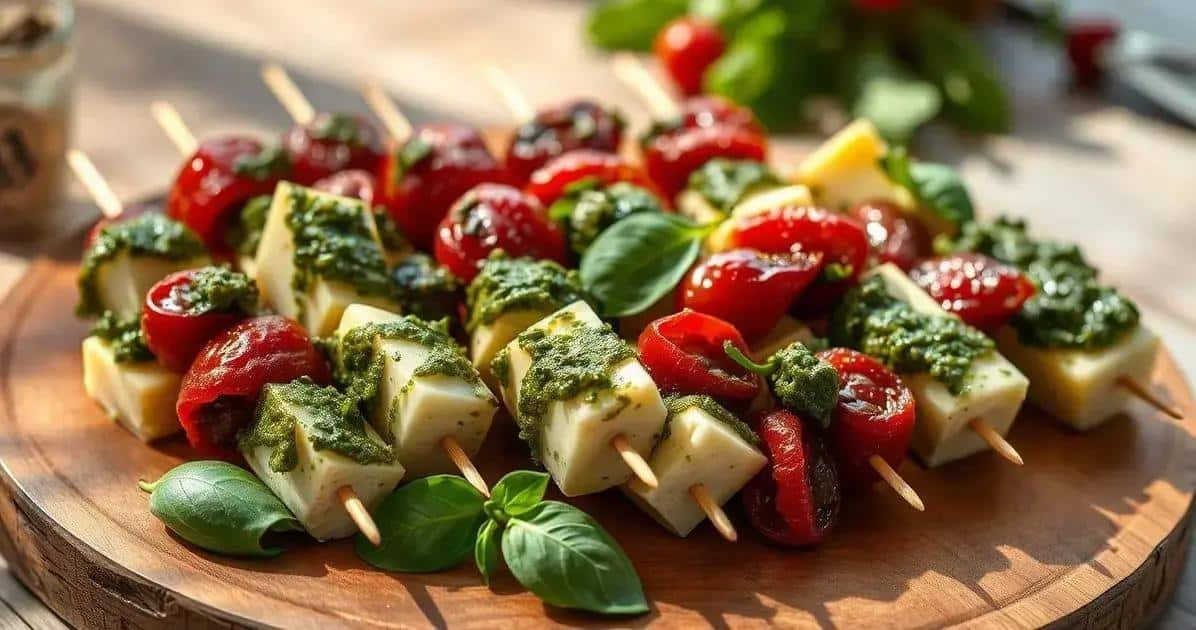 Leia mais sobre o artigo Espetinhos de Queijo com Manjericão e Tomate Seco: Uma Delícia de Verão