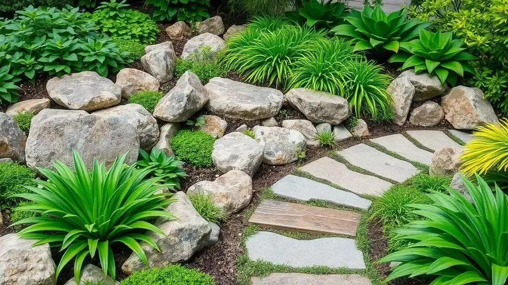 como combinar pedras e folhagens no paisagismo